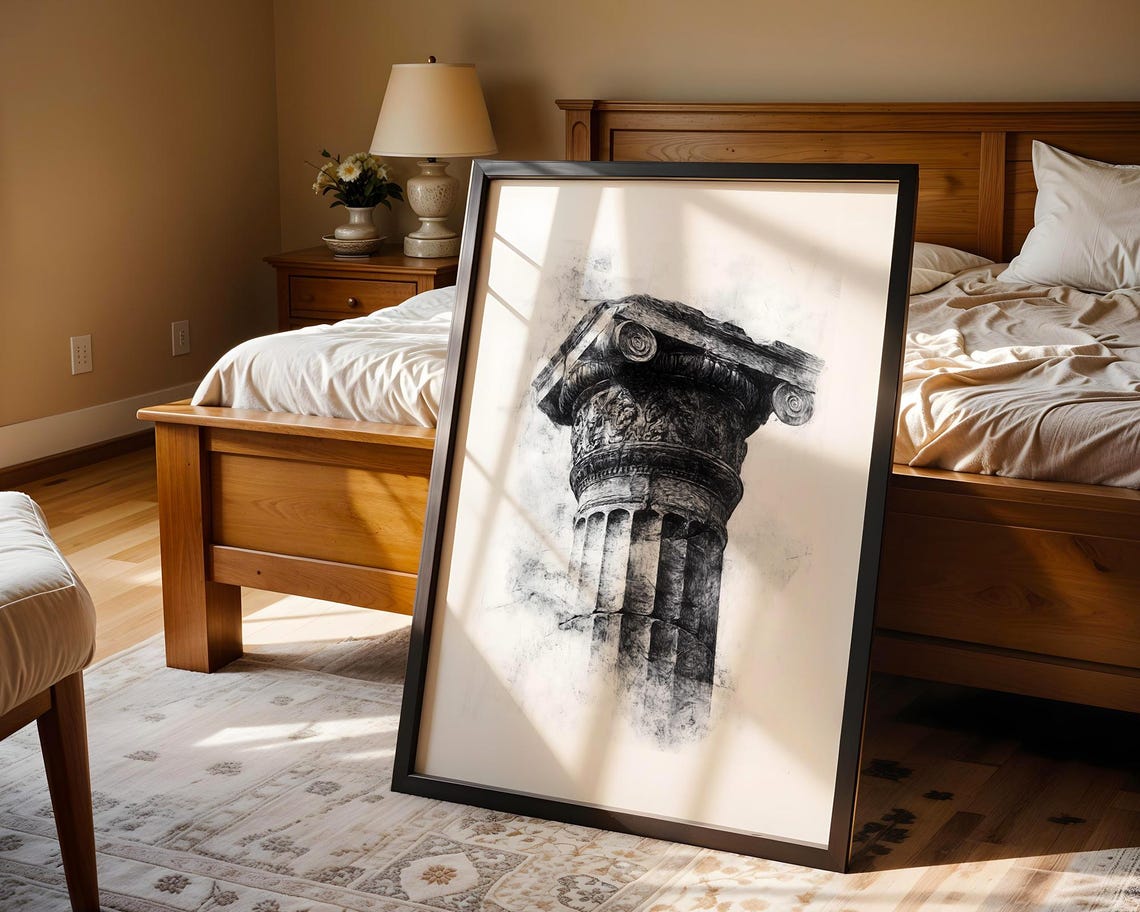 Ancient Stone Column Capital Black Ink Architectural Sketch Art Poster - Image 5