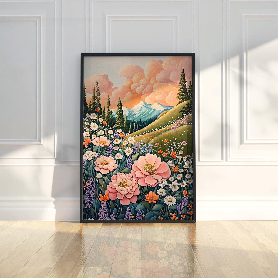 Colorful Alpine Wildflower Meadow Painting Poster with Sunset Clouds