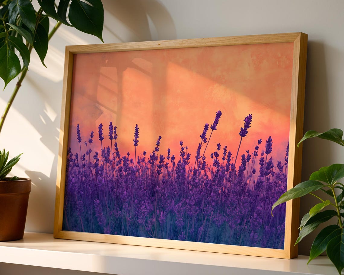 Purple Lavender Field Sunset Sky Warm Landscape Nature Wall Art - Image 5
