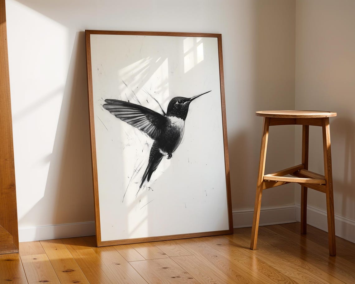 Hummingbird in Flight Black and White Charcoal Sketch Art Poster - Image 2