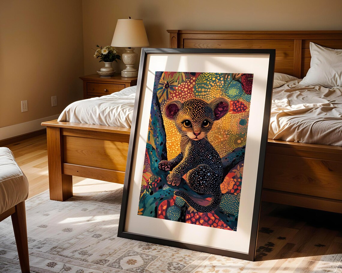 Baby Leopard Cub In Colorful Dotted Pointillism Jungle Foliage Poster - Image 3