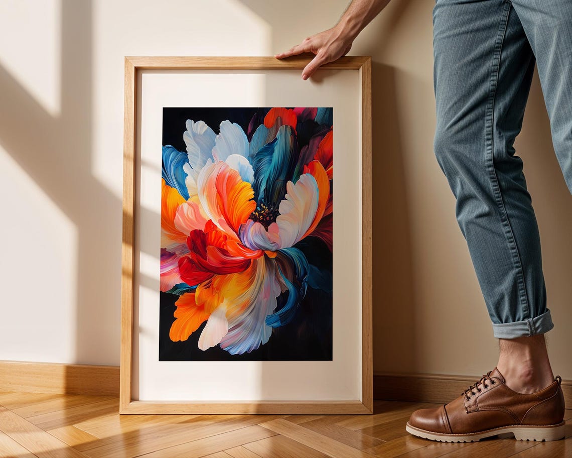 Vibrant Abstract Multicolor Flower Bold Black Background Poster - Image 2