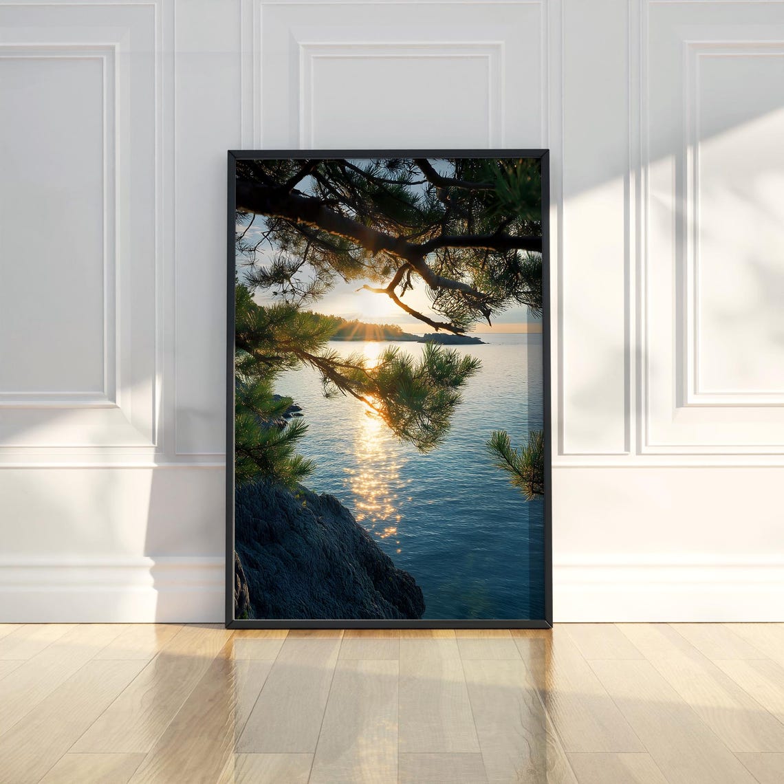 Golden Hour Sunset Over Water Pine Branches Lake Photo Poster