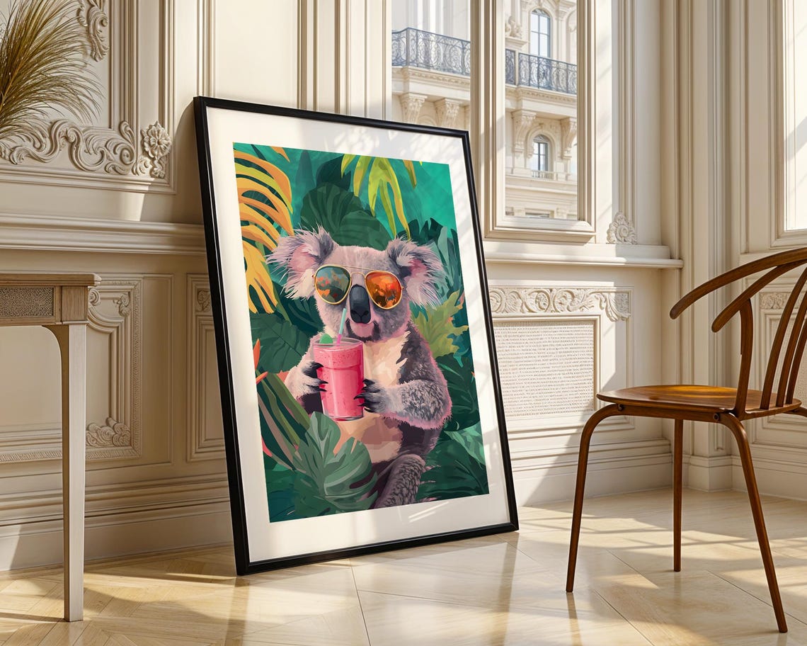 Cool Koala Drinking Smoothie With Sunglasses Tropical Illustration Trendy Wall Art Modern Prints Print - Image 3