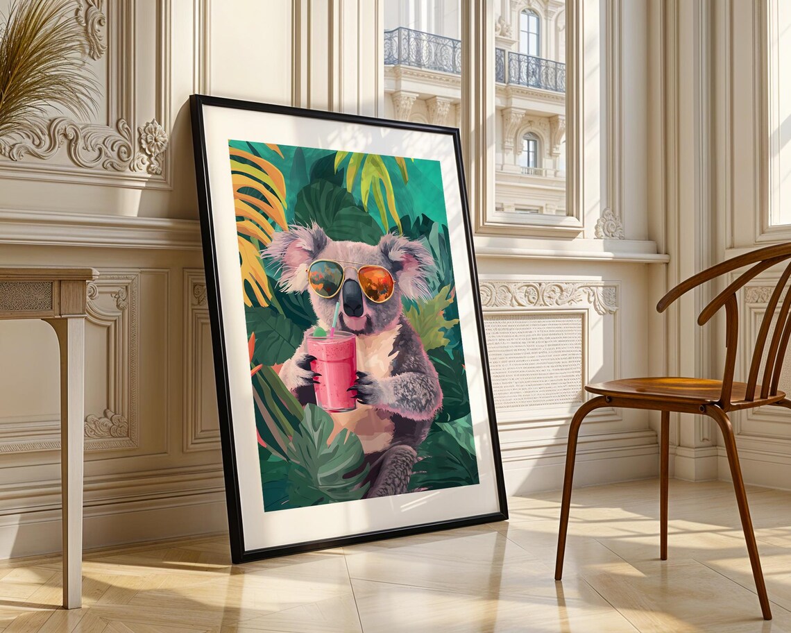 Koala Sunglasses Pink Smoothie Tropical Jungle Fun Animal Art Poster - Image 3