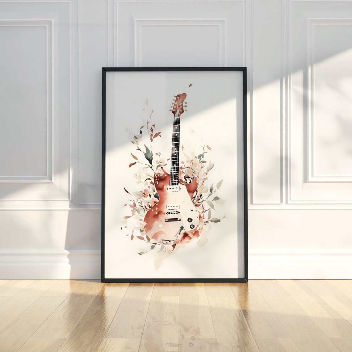 Electric Guitar Watercolor Floral Blush Pink Rock Music Art Poster