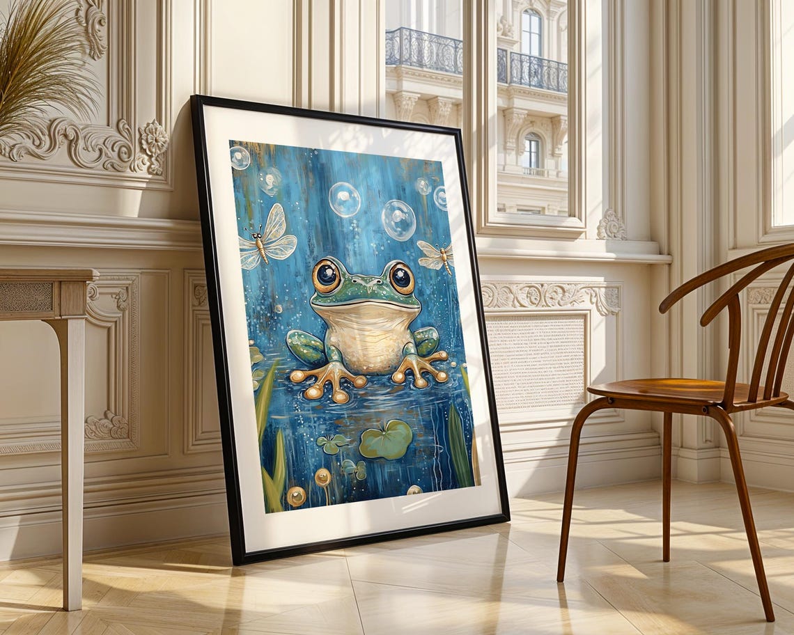 Cute Frog Lily Pad Pond Dragonflies Art Print Trendy Wall Room Decor Prints Poster Gift - Image 3