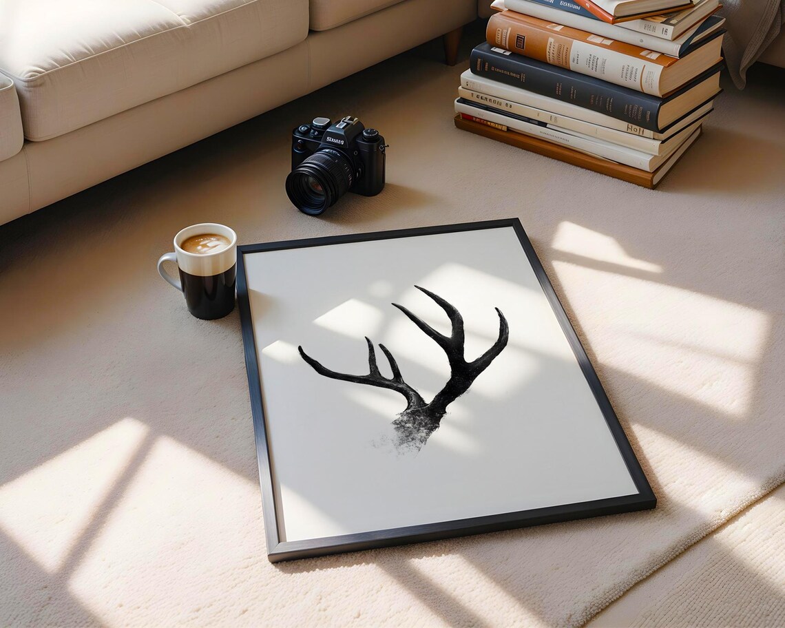 Elegant Rustic Deer Antlers Black Ink Brush Minimalist Art Poster - Image 6