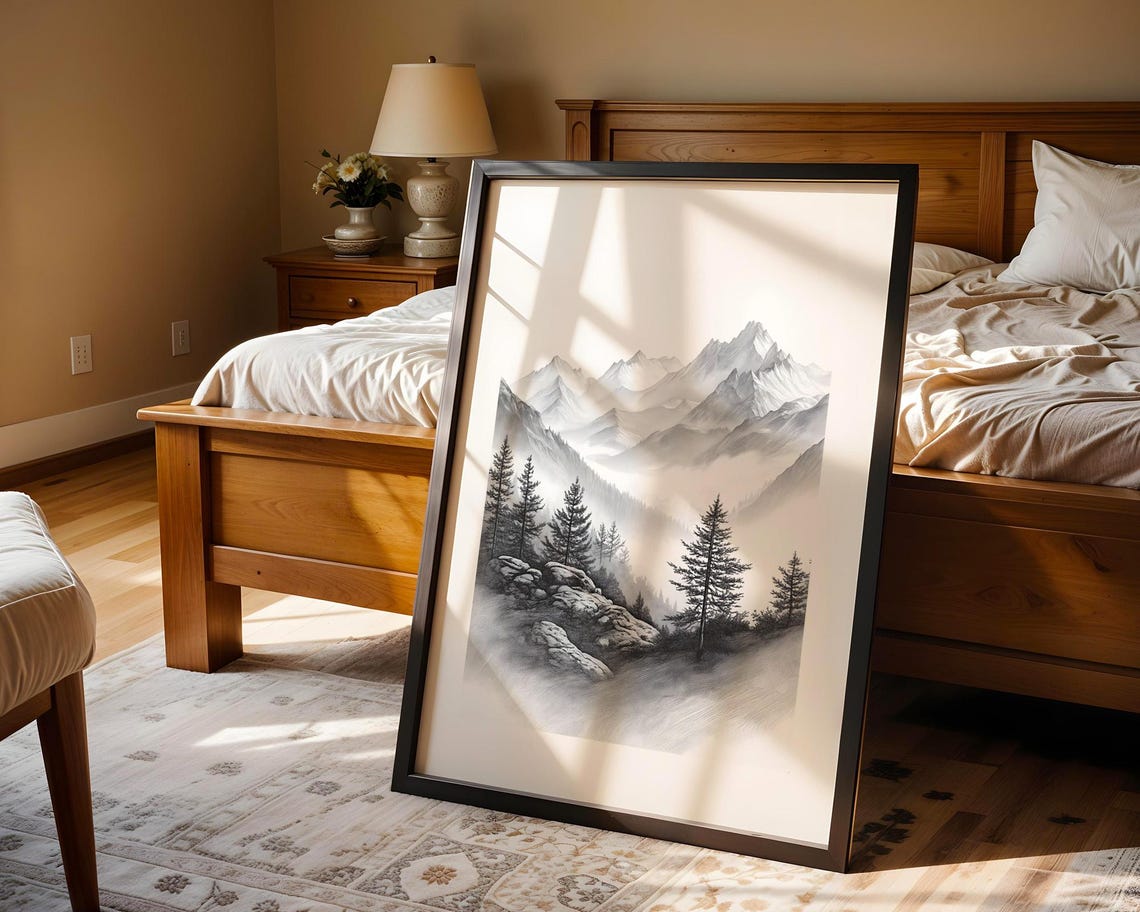 Misty Pine Forest Mountain Range Monochrome Pencil Sketch Poster - Image 4