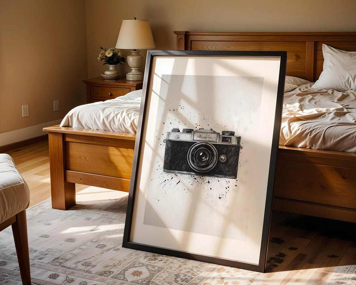 Vintage Film Camera Charcoal Sketch Black Ink Splatter Art Poster - Image 5