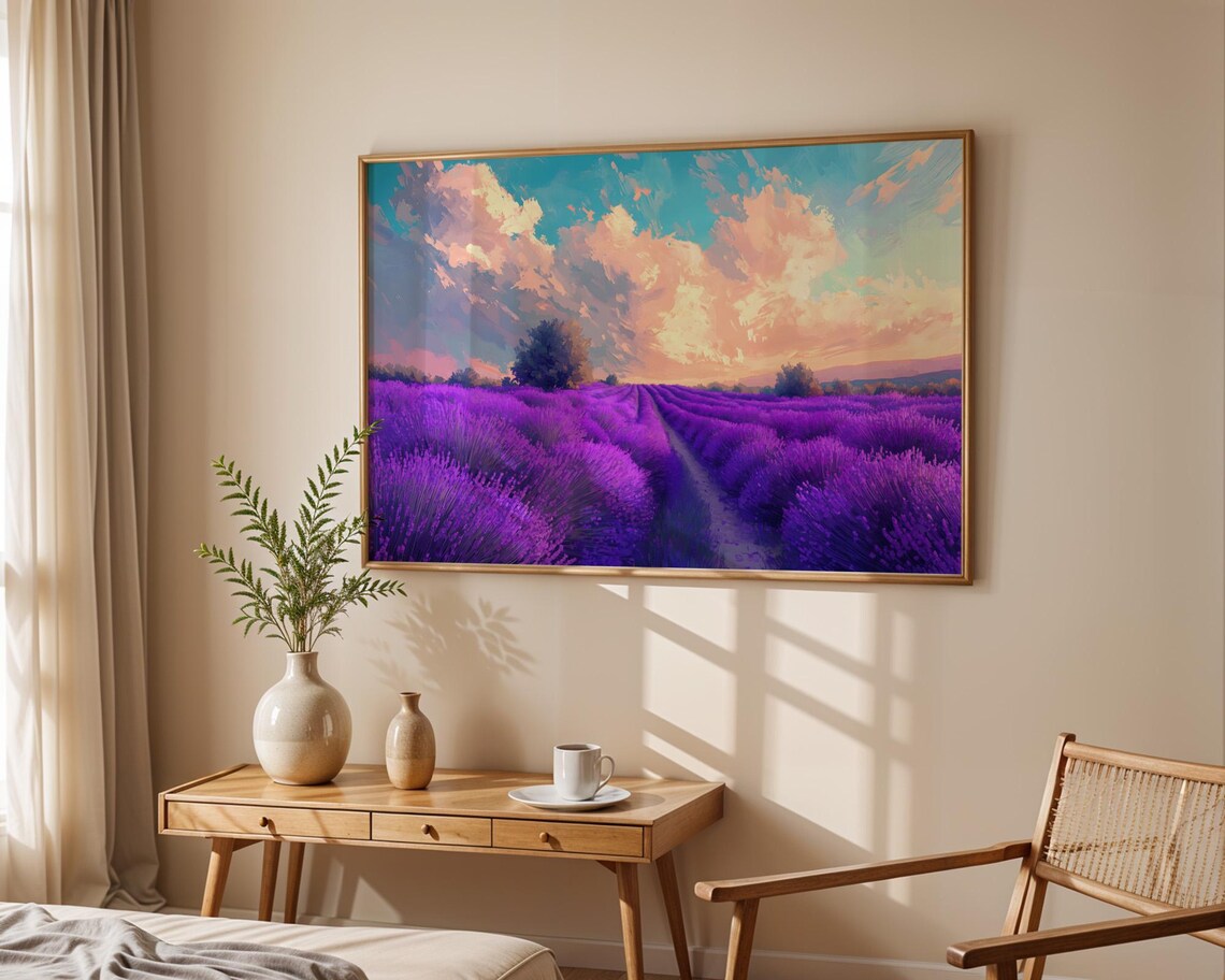 Purple Lavender Field Rows Sunset Sky Pastel Landscape Poster - Image 5