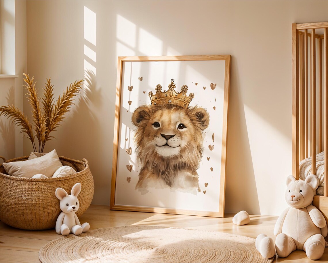 Baby Lion Wearing Gold Crown Hearts Cute Royal Nursery Poster - Image 2
