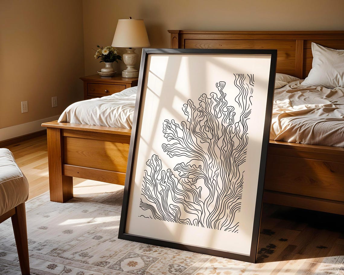 Minimalist Coral Reef Ocean Black And White Line Drawing Poster - Image 5
