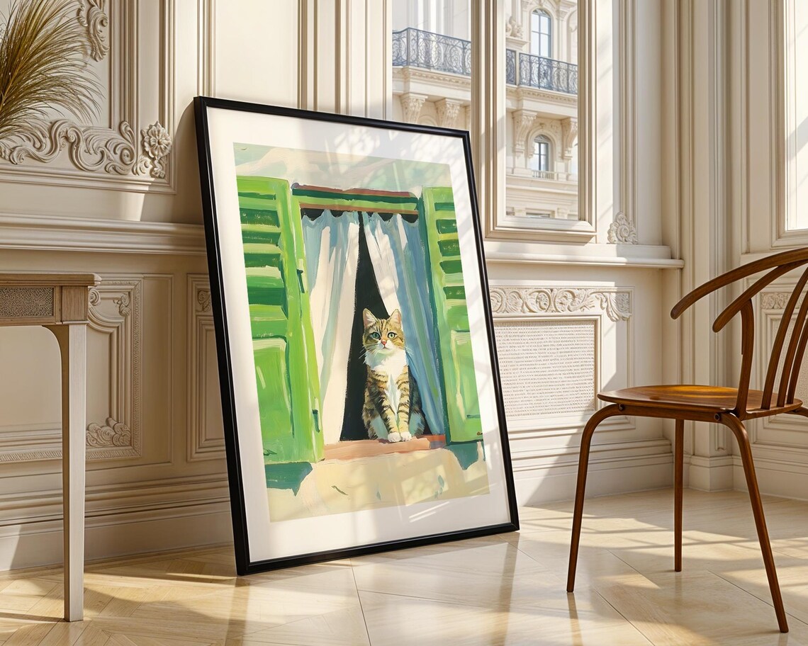 Tabby Cat Window Green Shutters Sunlit Pet Portrait Art Print - Image 3