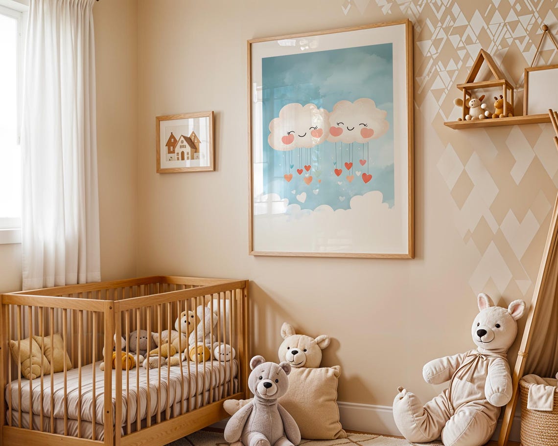 Happy Clouds Raining Hearts Cute Whimsical Nursery Art Poster - Image 3