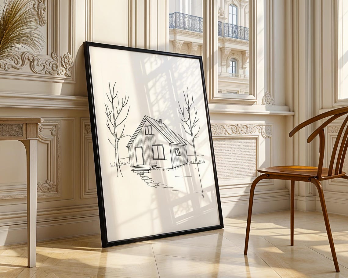 Cozy Wooden Cabin Line Art House Trees Minimalist Wall Poster - Image 3