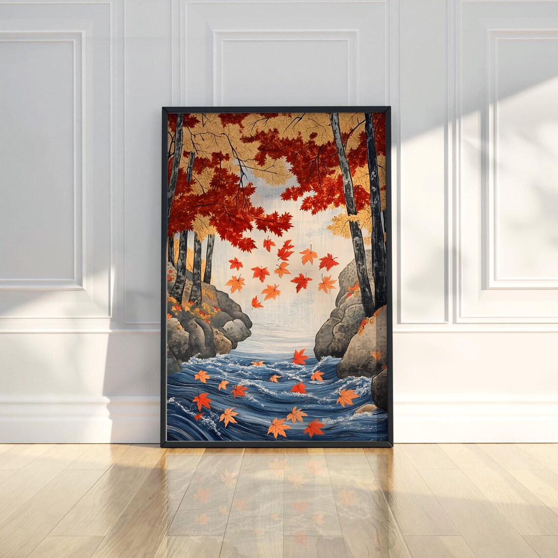 Japanese Autumn Gorge Art Poster with Falling Red Maple Leaves