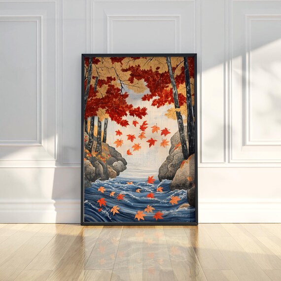 Japanese Autumn Gorge Art Poster with Falling Red Maple Leaves