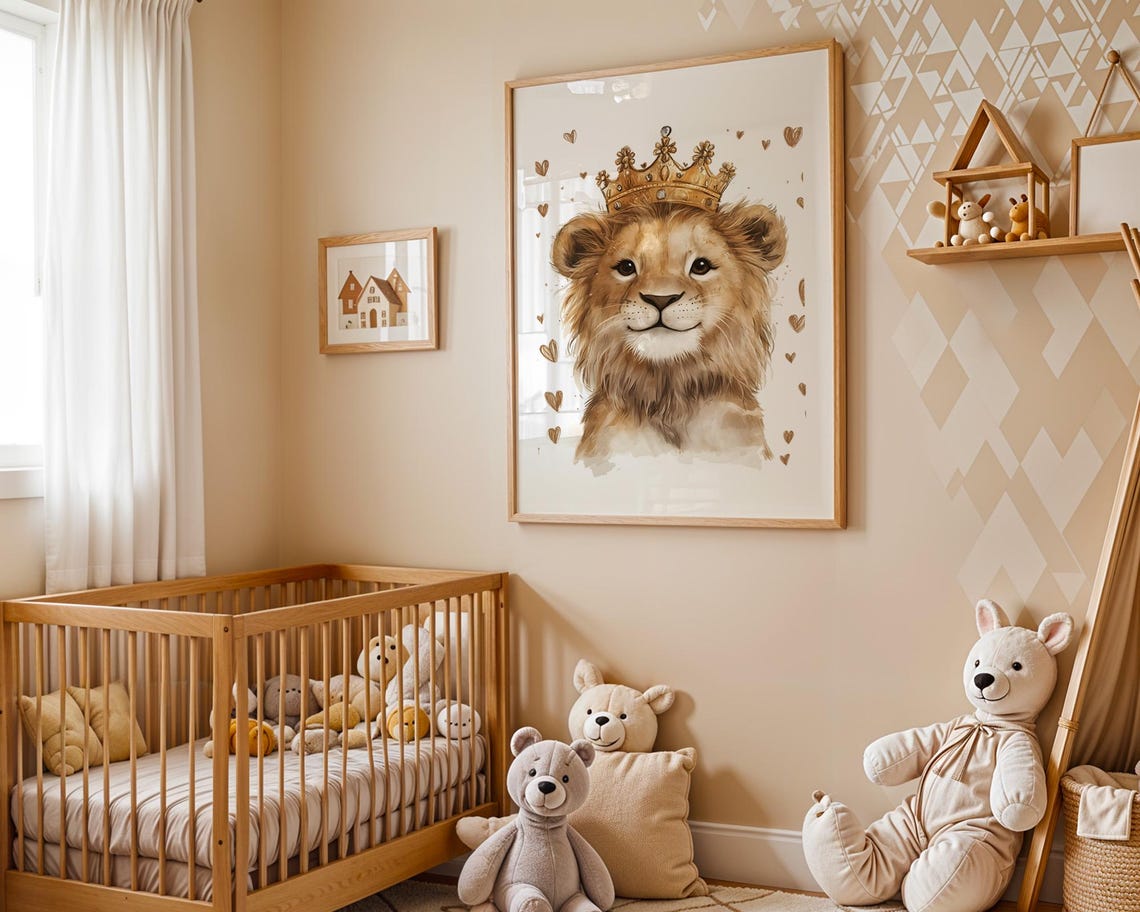 Baby Lion Wearing Gold Crown Hearts Cute Royal Nursery Poster - Image 4