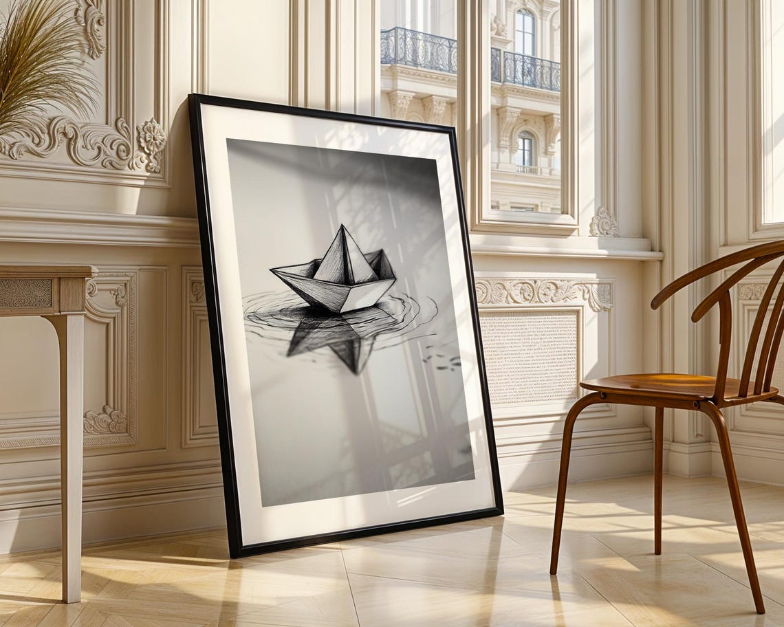 Origami Paper Boat Sketch Calm Water Reflection Drawing Poster - Image 3