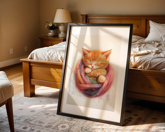 Sleeping Cat Kitten Wall Art Print Cute Animal Nursery Lover Yarn Nest Poster Kids Room Home Decor Baby Shower Gift