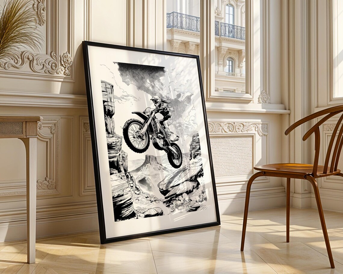 Dirt Bike Rider Jump Comic Style Black White Adventure Poster - Image 4