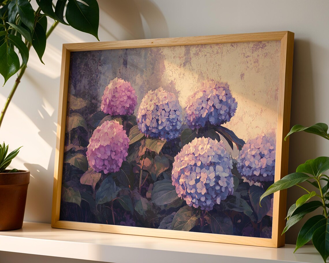 Pink Blue Hydrangea Blooms Summer Garden Flower Oil Painting Poster - Image 5