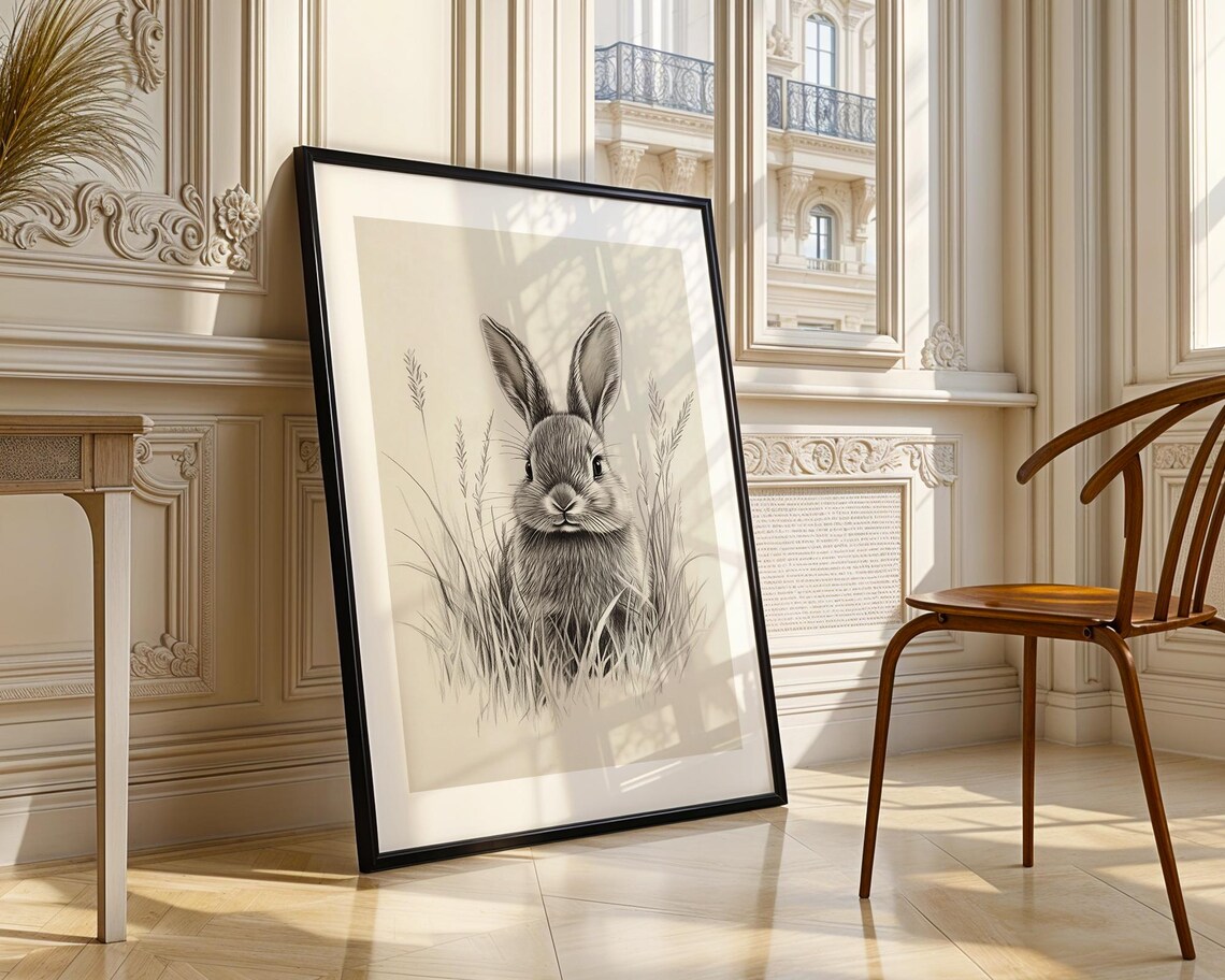 Detailed Pencil Sketch Rabbit in Meadow Grass Poster for Nursery Walls - Image 3