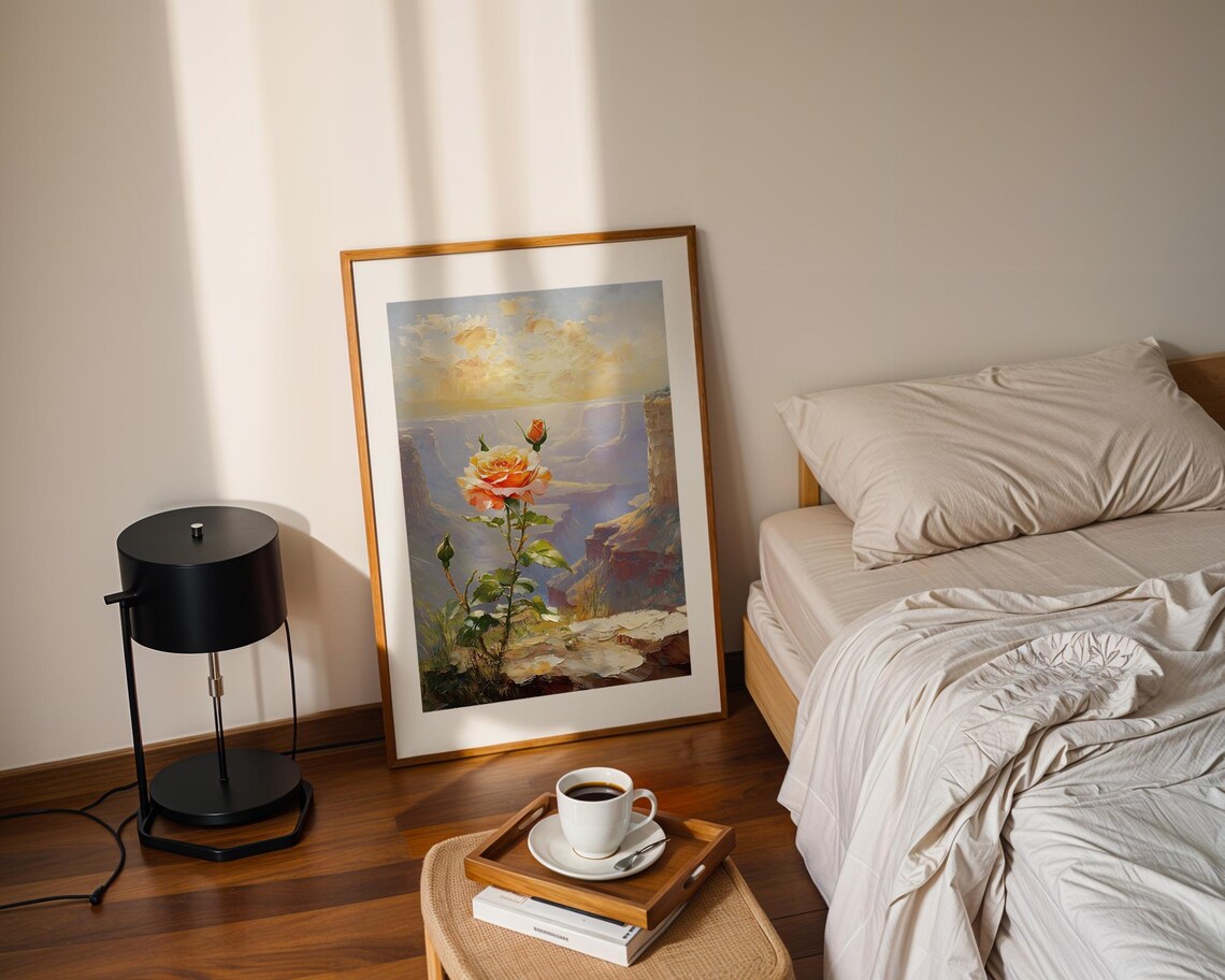Peach Rose Canyon Sunset Cliff Floral Oil Style Painting Poster - Image 2