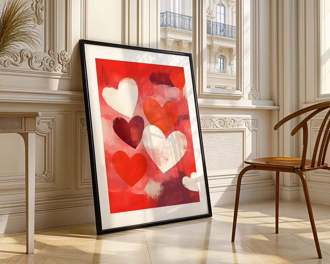 Red And White Abstract Hearts Painterly Valentine Romantic Wall Art - Image 4