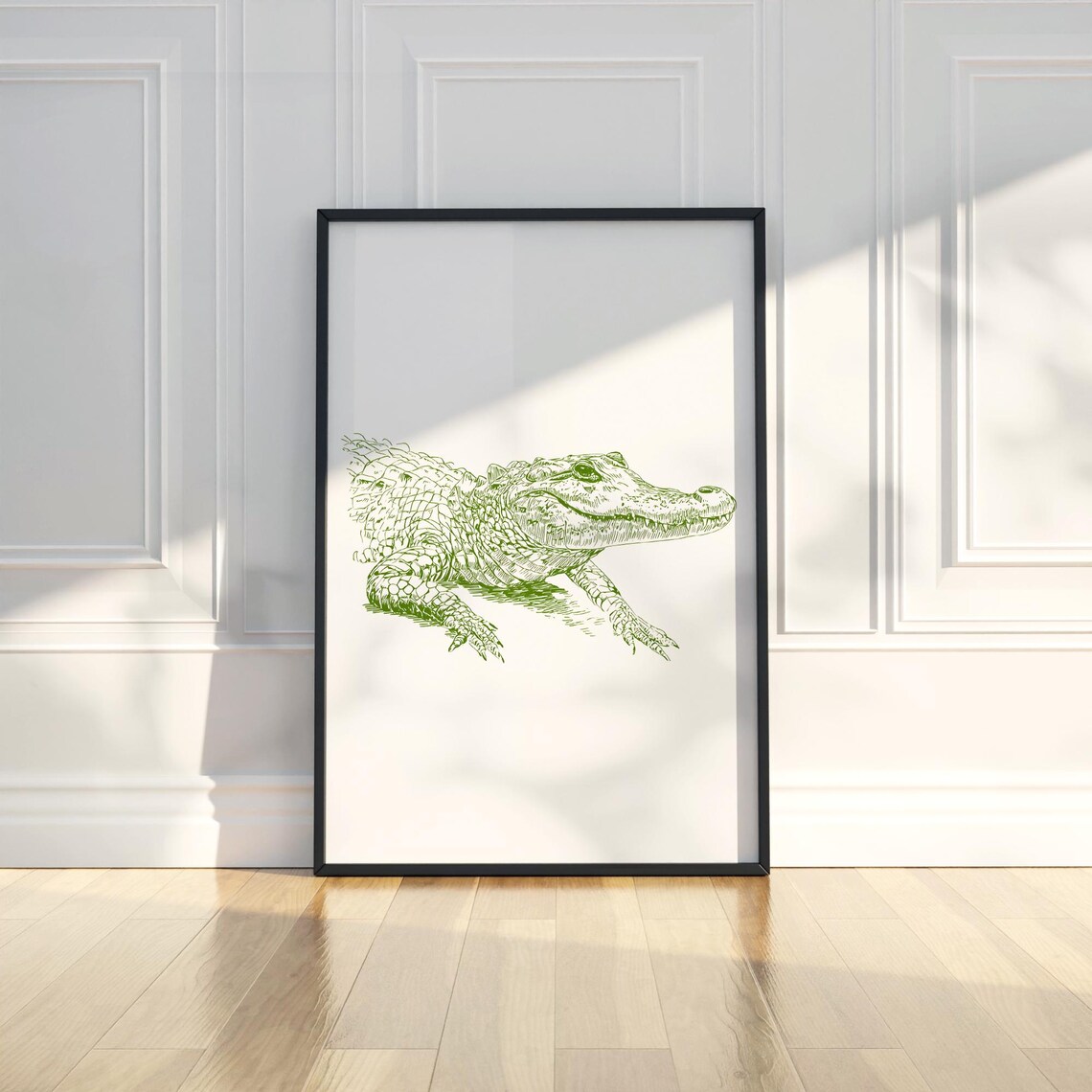 Green Crocodile Ink Illustration Detailed Reptile Wildlife Art Poster