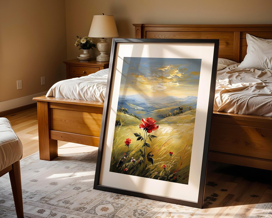 Red Rose Field Mountain Landscape Golden Sunset Oil Painting Poster - Image 4