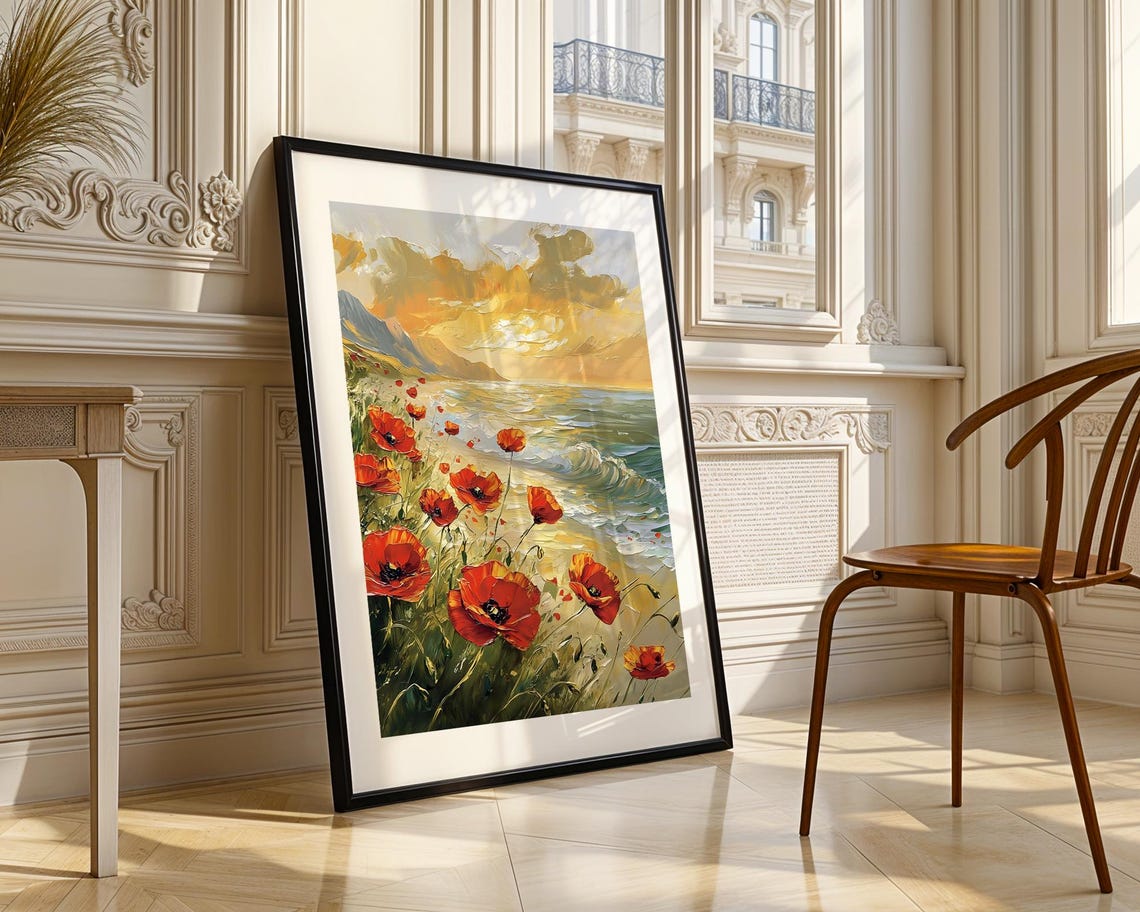 Red Poppies Ocean Shore Sunset Waves Beach Floral Oil Painting Poster - Image 3