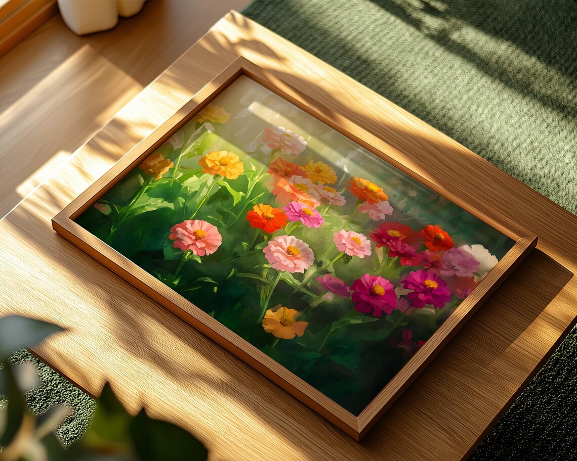 Colorful Zinnia Flower Garden Sunlit Oil Painting Bloom Wall Art - Image 2