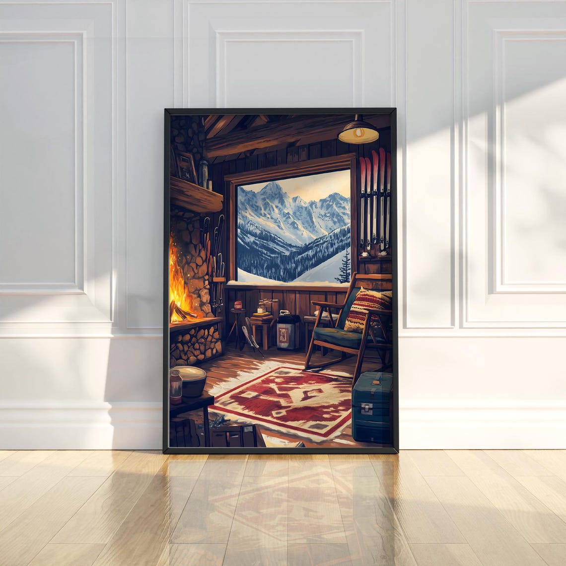 Cozy Ski Cabin Interior Fireplace Mountain View Lodge Poster