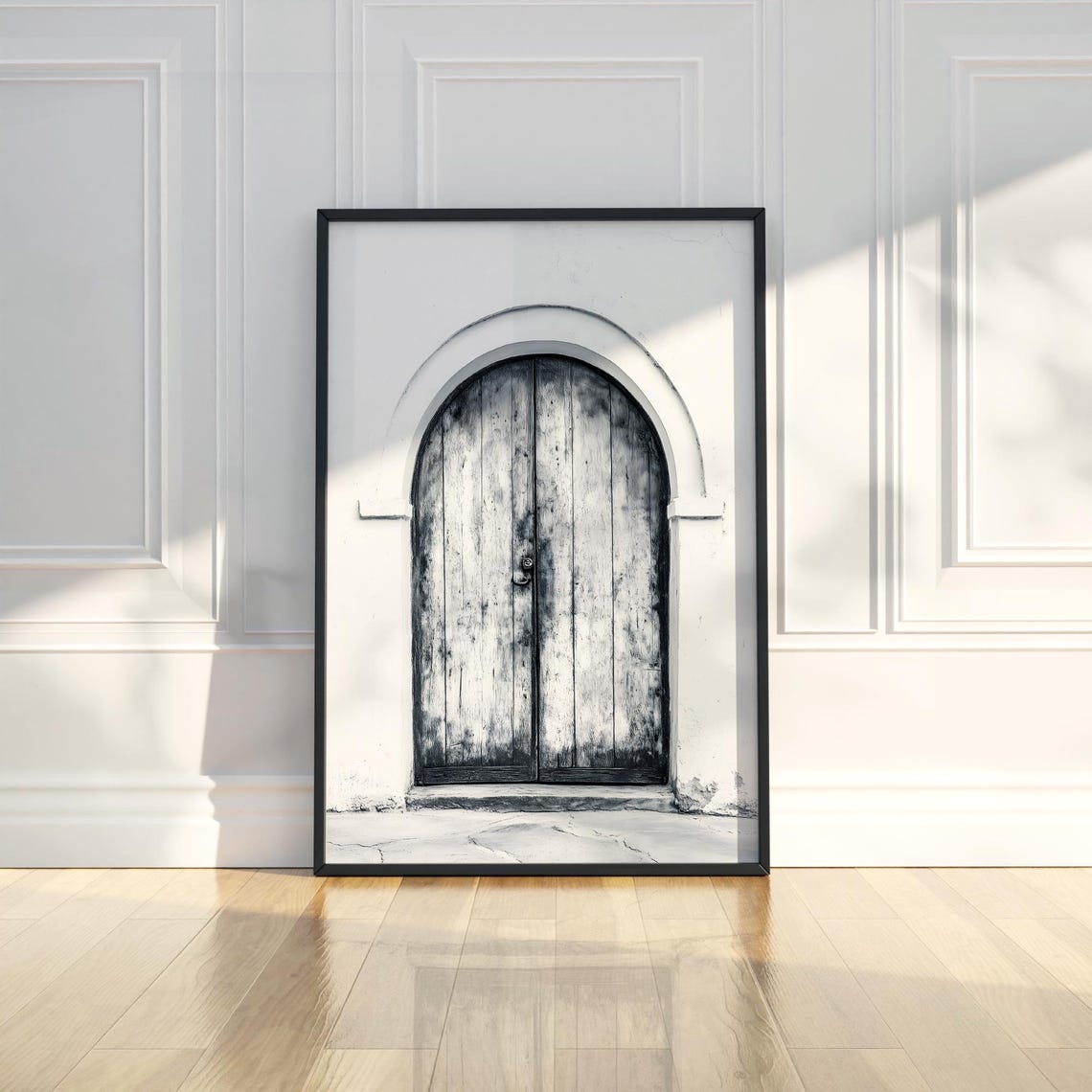 Rustic Arched Wooden Door Black White Vintage Entryway Wall Poster