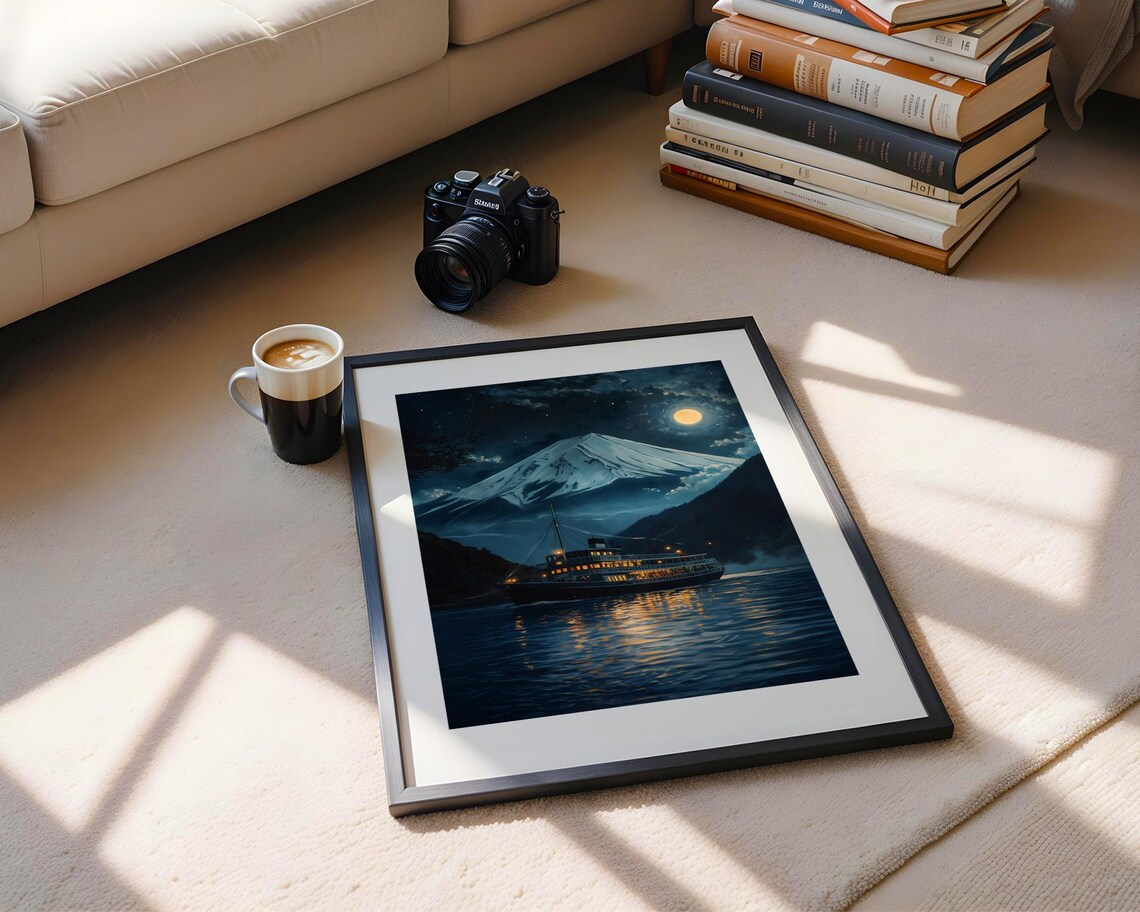 Moonlit Mount Fuji Lake Night Boat Japanese Landscape Art Poster - Image 5