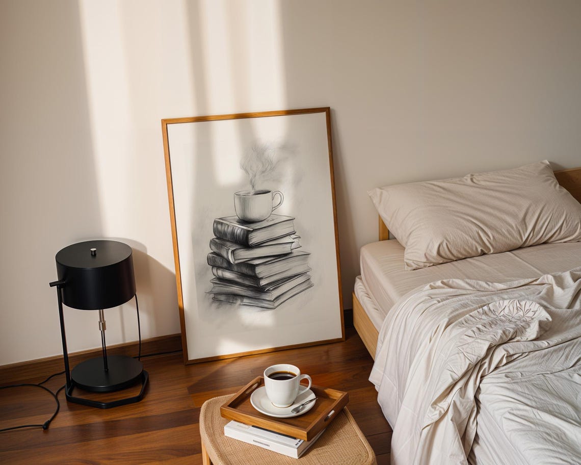 Stack of Books with Steaming Coffee Cup Pencil Sketch Poster - Image 2