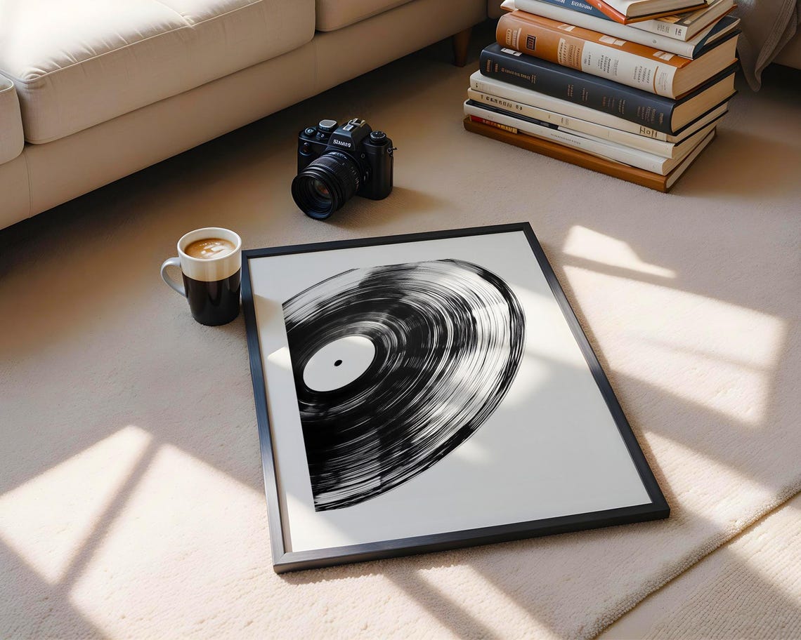 Spinning Vinyl Record Close Up Black White Abstract Music Poster - Image 6