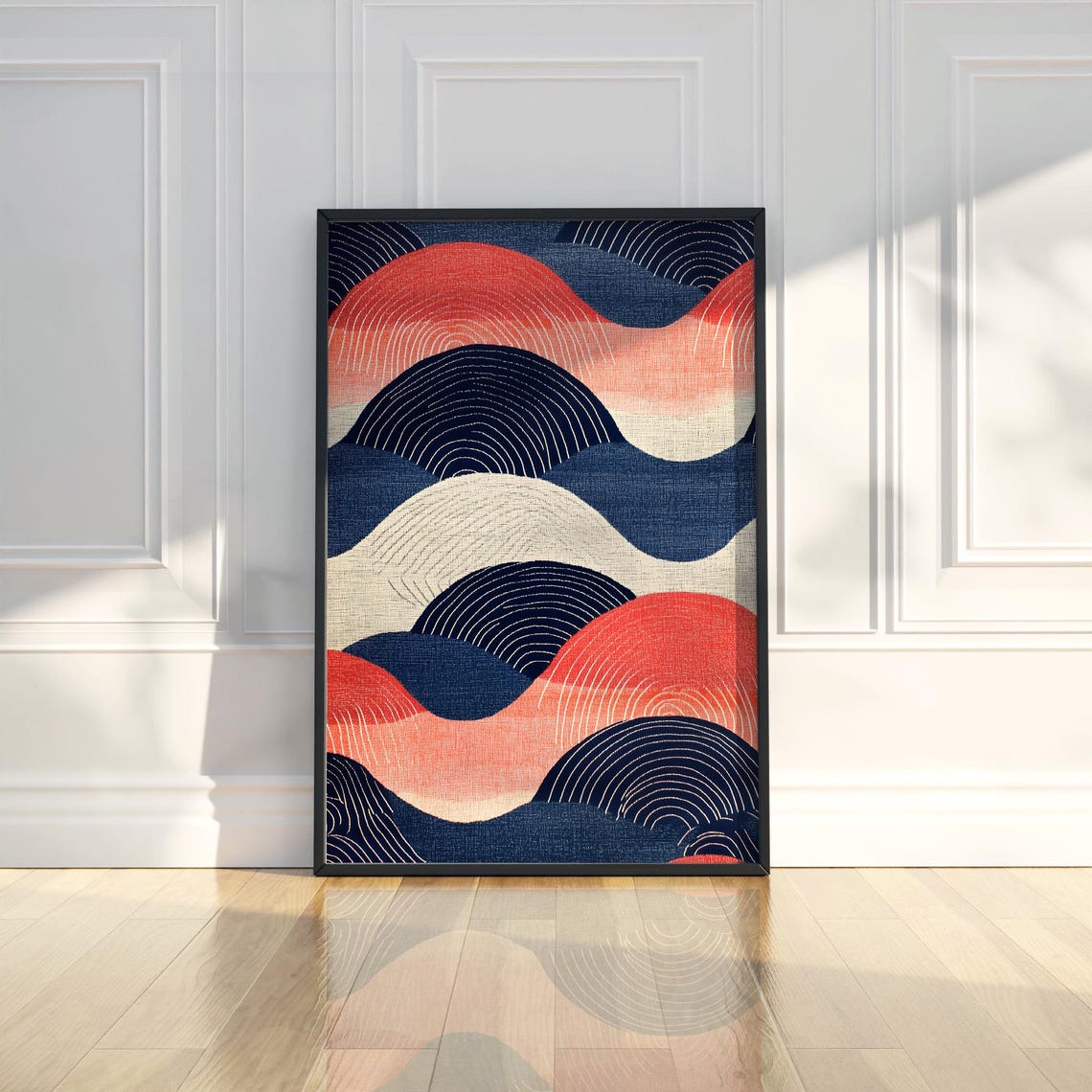 Contemporary Abstract Curved Wave Shapes Red Navy Cream Poster