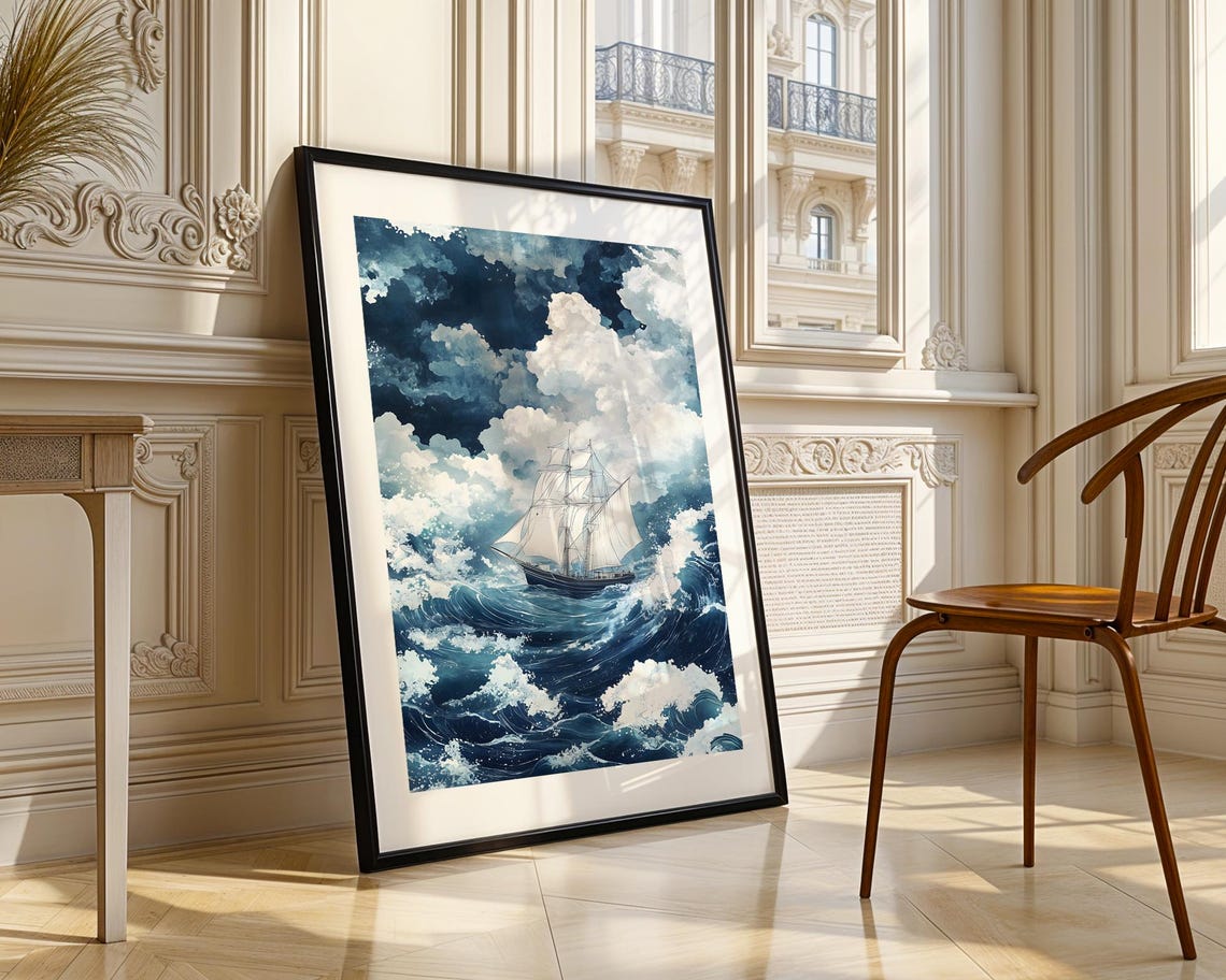 Tall Sailing Ship On Stormy Ocean Waves Watercolor Painting Poster - Image 4