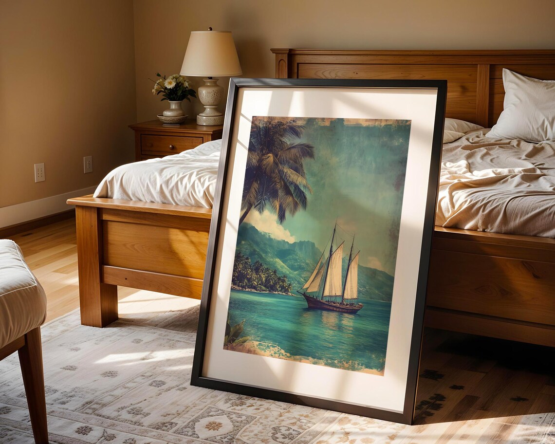 Vintage Wooden Sailboat on Tropical Coast Seascape Art Poster - Image 4