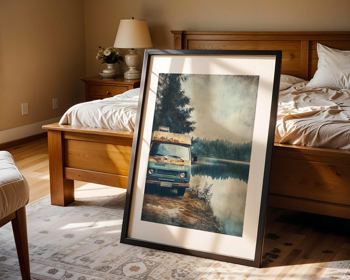 Misty Lake Camper Van Retro Pine Forest Camping Travel Poster - Image 4