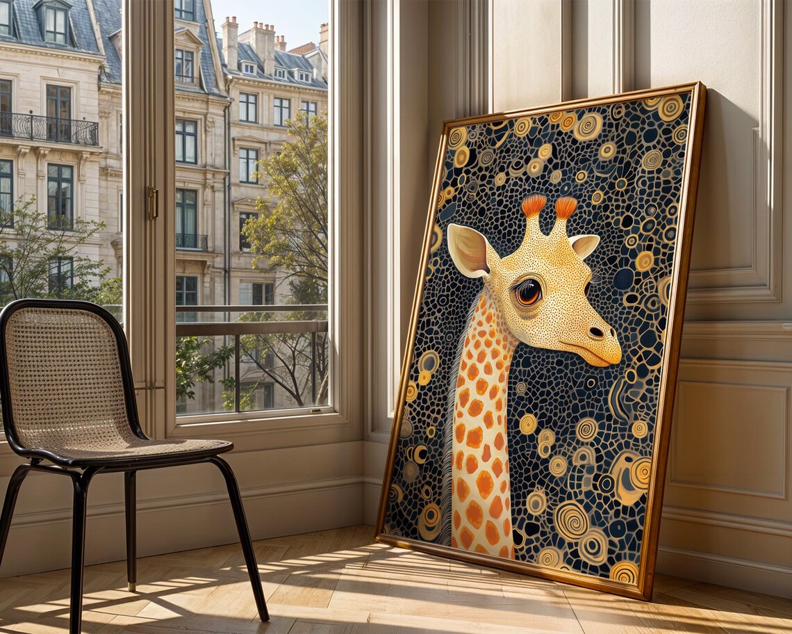 Stylized Giraffe Head Gold Navy Mosaic Safari Animal Art Print