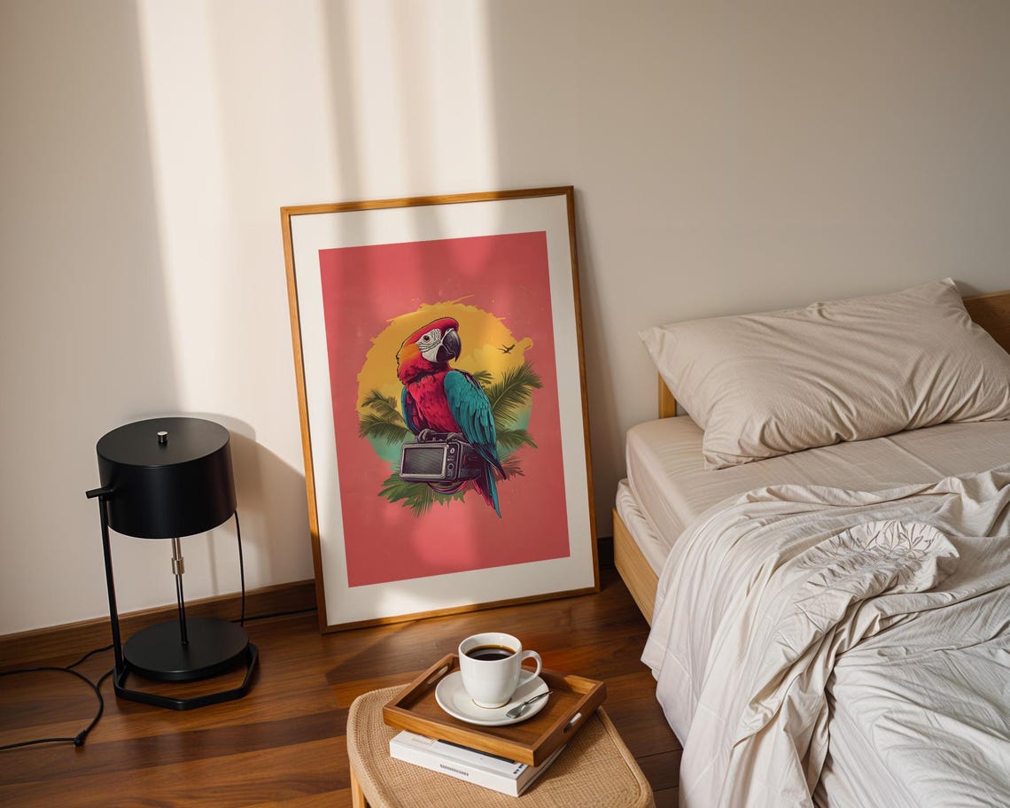 Scarlet Macaw Parrot With Boombox Tropical Sunset Pop Art Poster - Image 2