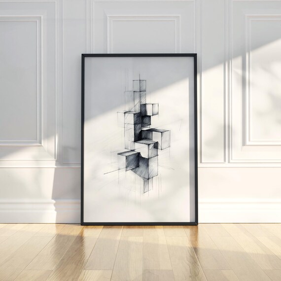 Abstract Geometric Cube Stack Wall Art Print Pencil Sketch Trendy Minimalistic Poster Modern Graphic Home Decor Office Gift