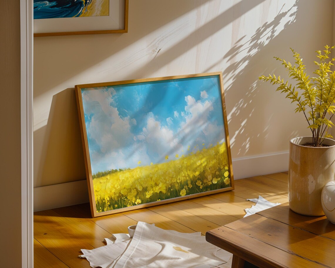 Yellow Wildflower Meadow Blue Sky Summer Landscape Floral Poster - Image 3