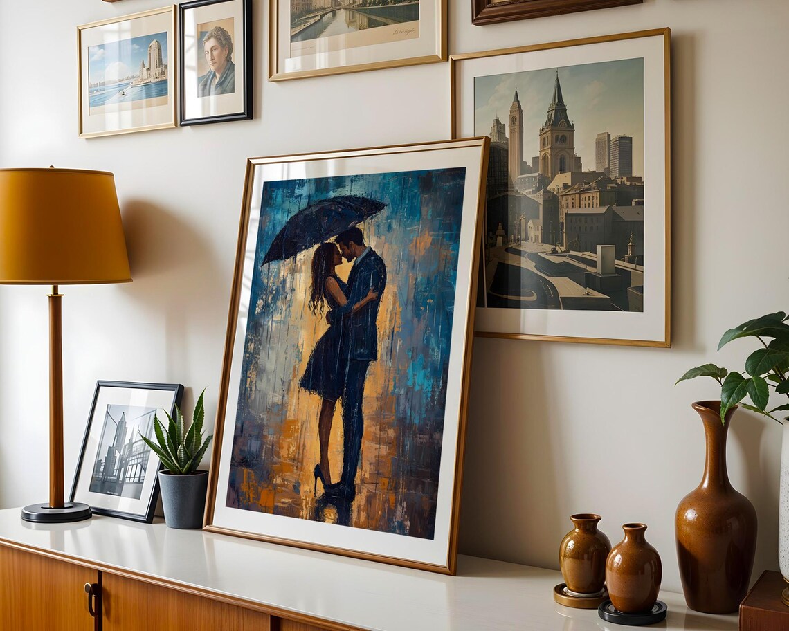 Romantic Couple Kissing Under Umbrella Rainy City Painting Poster - Image 4