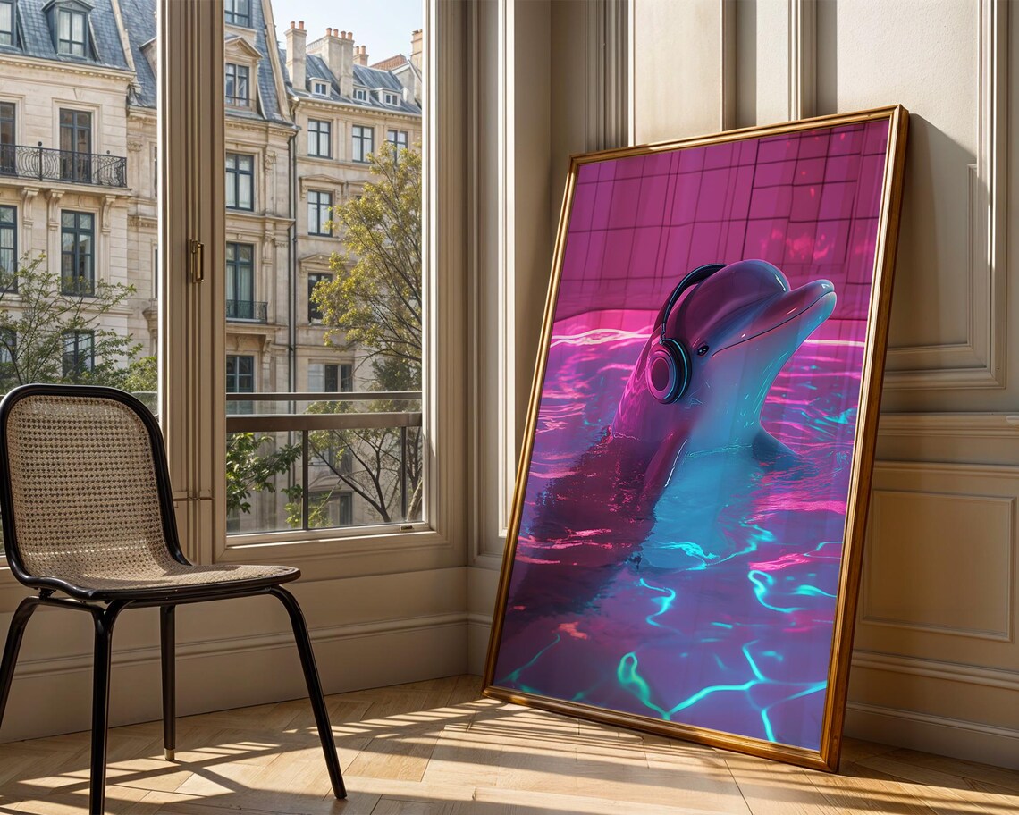 Dolphin Wearing Headphones Neon Pink Pool Futuristic Fun Animal Poster - Image 5