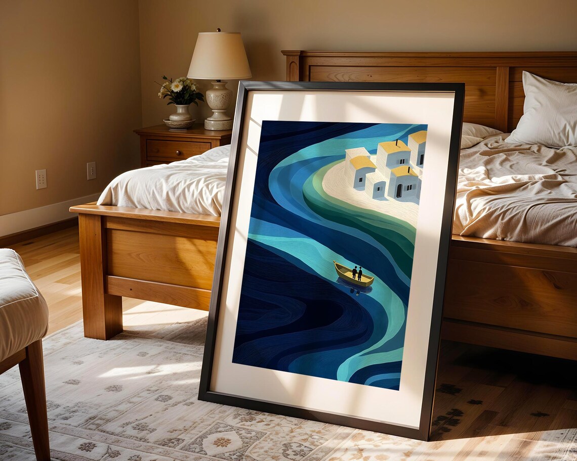 Blue River Boat Coastal Village Houses Minimalist Style Poster - Image 4